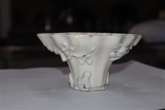 A Chinese blanc de chine dragon libation cup